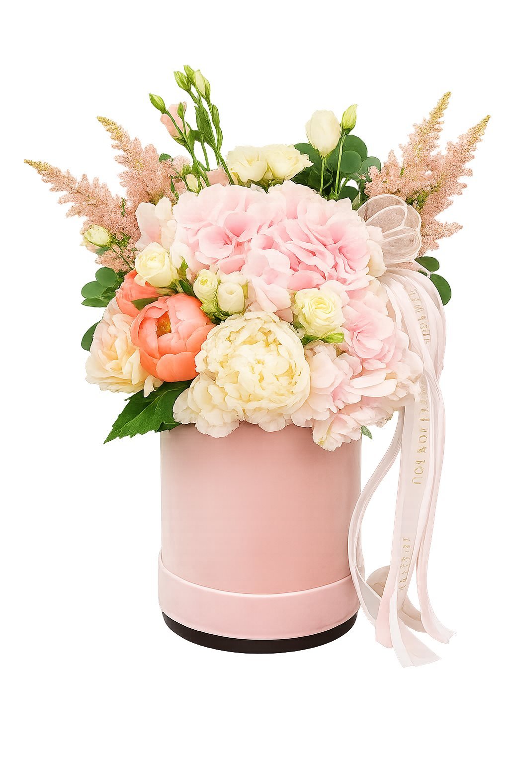 Blumenbox in Rosa mit Pfingstrosen und Hortensien
